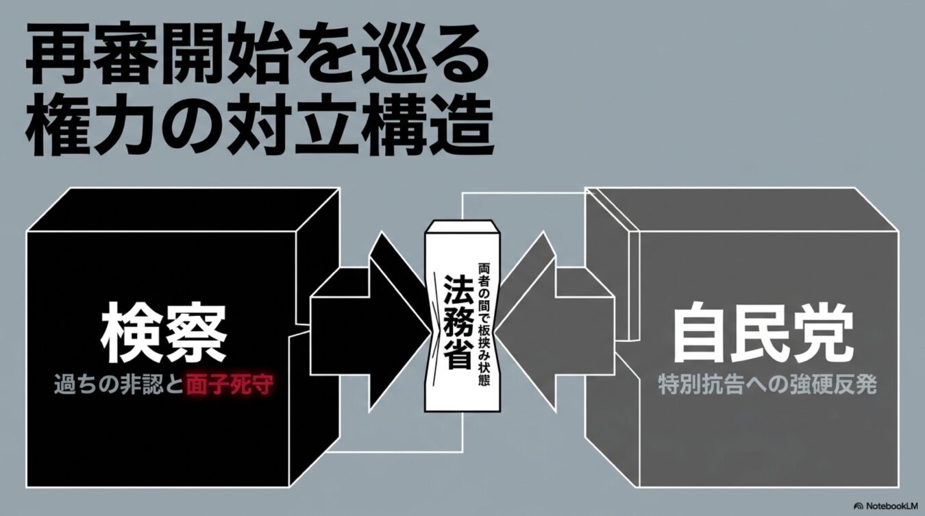 再審開始を巡り、過ちを認めない検察と特別抗告で強硬な自民党の対立構造と、その間で板挟み状態にある法務省の関係図。