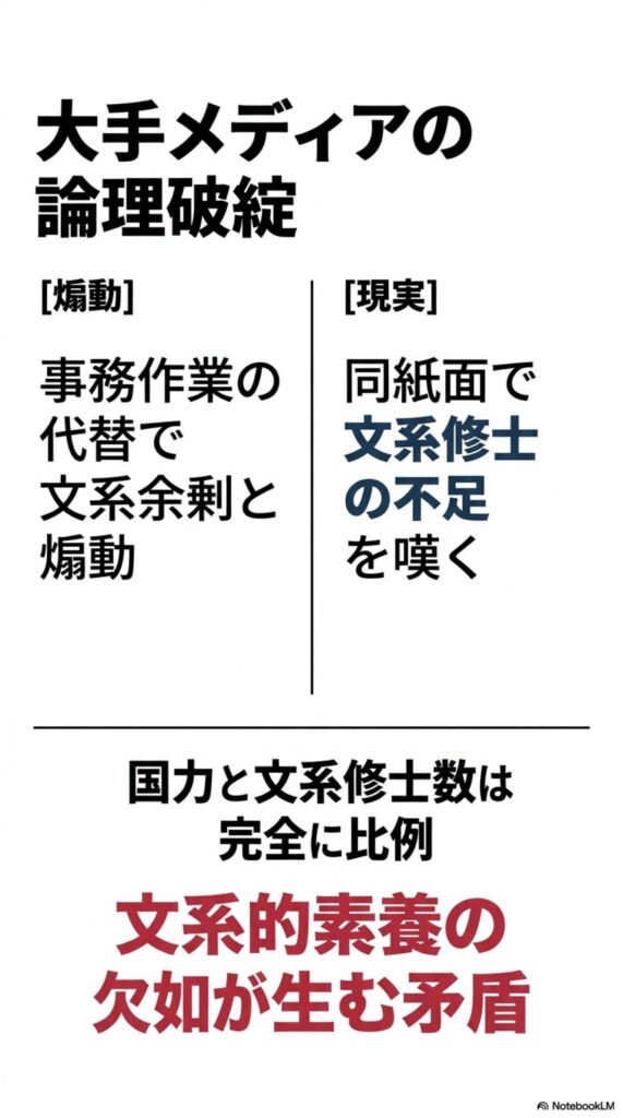 「大手メディアの論理破綻」という見出しの下で、メディアが事務作業の代替による「文系余剰」を煽りつつ、同時に「文系修士の不足」を嘆く矛盾を指摘し、国力と文系修士数が比例するという主張を掲げた説明文。