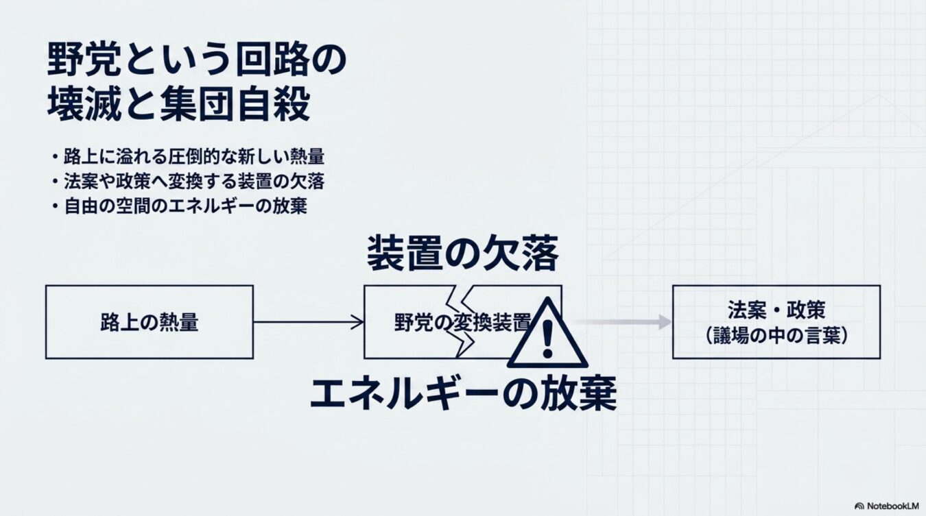 路上の熱量を法案や政策に変換する野党の装置が欠落し、エネルギーが放棄されている現状を示す概念図。