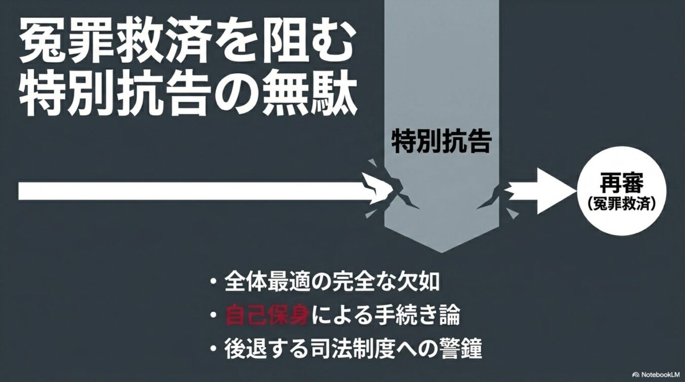 冤罪救済を阻む特別抗告の無駄という見出しの下、特別抗告が再審への道を断つ様子と、全体最適の欠如や自己保身、後退する司法制度への警鐘という主張をまとめた図解。
