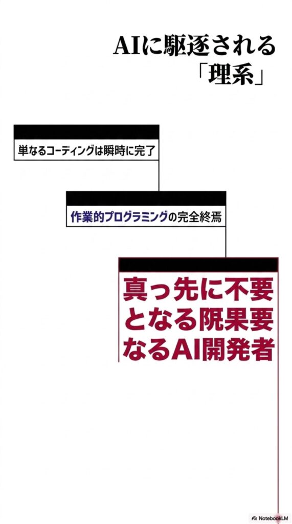 AIによる職業の代替をテーマに、「単なるコーディングは瞬時に完了」「作業的プログラミングの完全終焉」「真っ先に不要となるAI開発者」という言葉が、フローチャート形式で並べられた図。