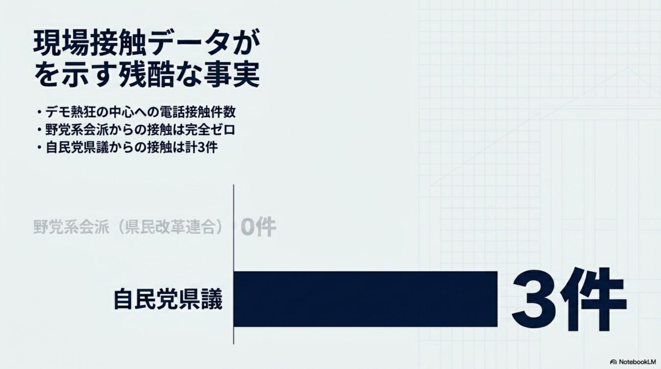 デモ熱狂の中心への電話接触件数として、野党系会派が0件、自民党県議が計3件であったことを示す比較グラフ。