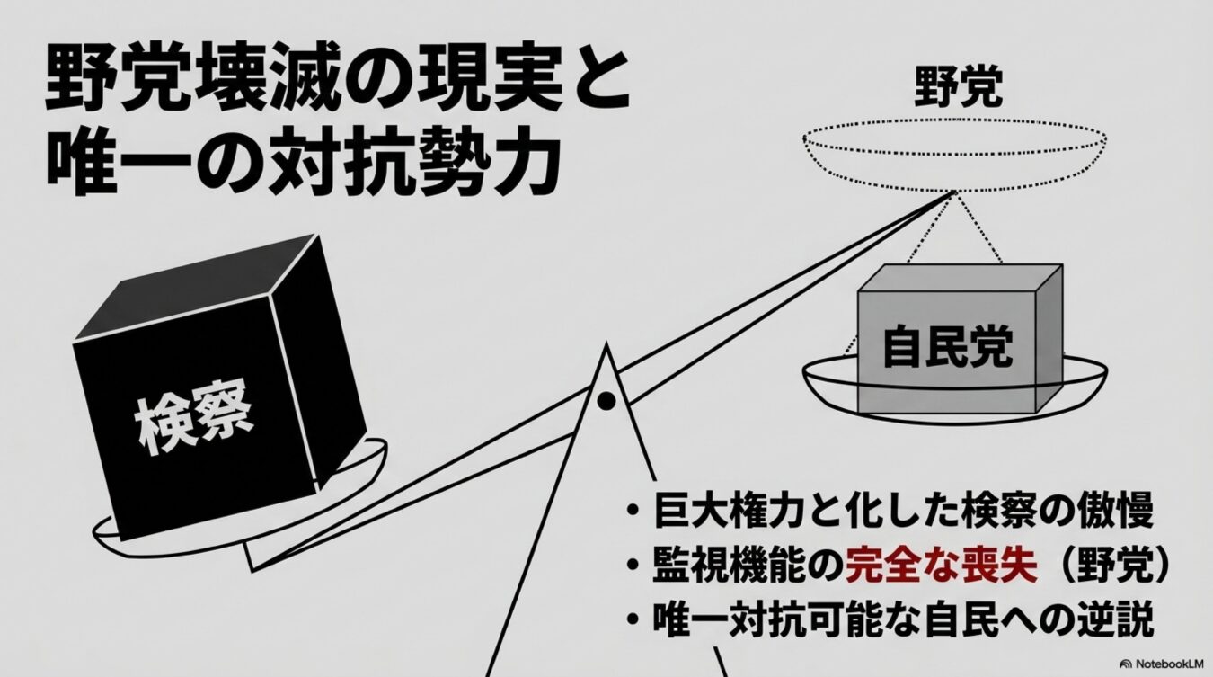 天秤で検察と自民党を比較し、野党の機能不全と検察の権力拡大を指摘する図解。検察が重く、野党が浮いている対比で現状を表現している。