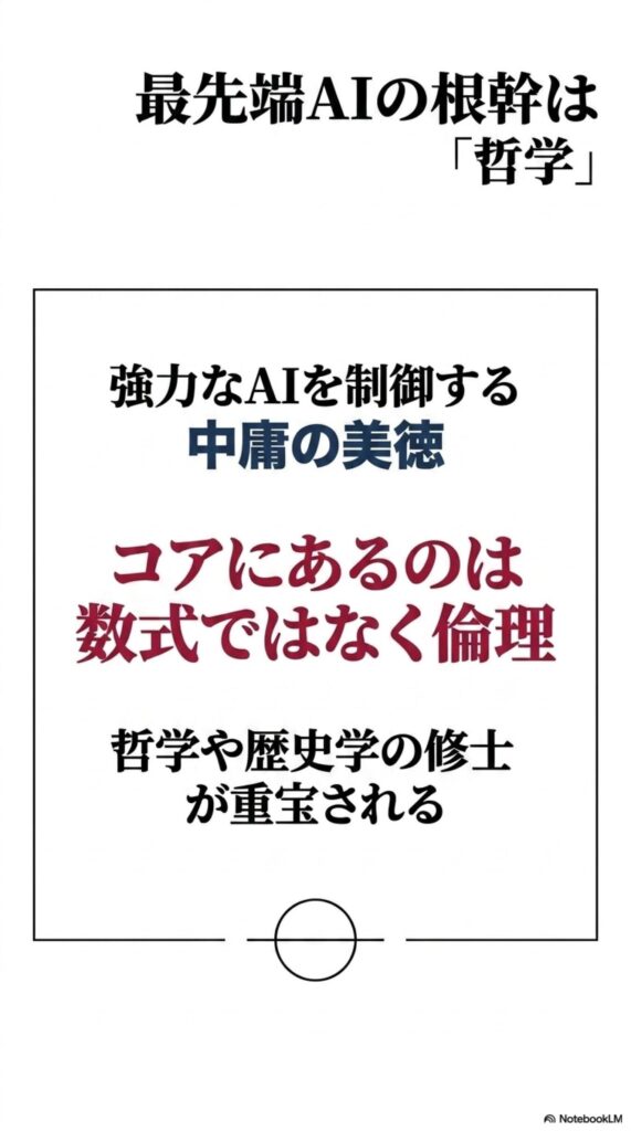 「最先端AIの根幹は『哲学』」と題し、強力なAIを制御する中庸の美徳や、数学ではなく倫理の重要性、哲学・歴史学の修了者が重宝されることについて記されたテキスト画像。
