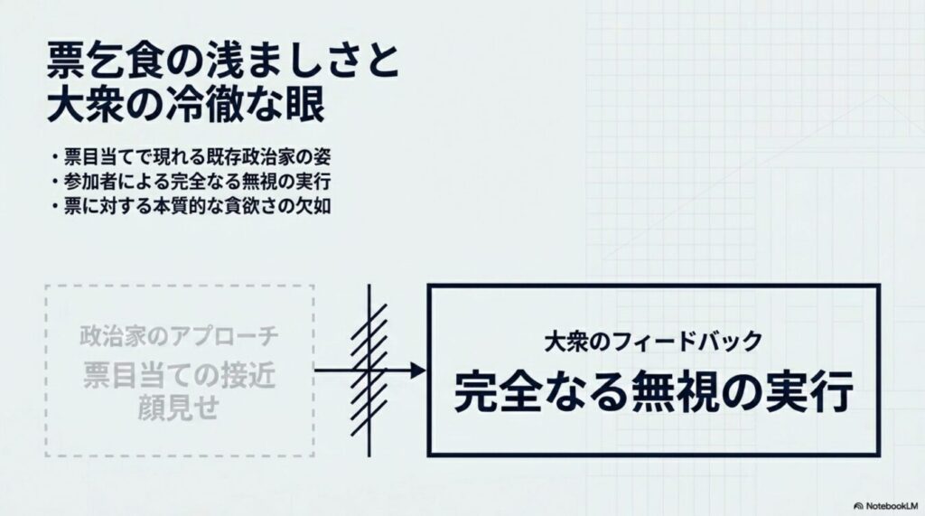票目当てで接近する政治家に対し、大衆がそれを完全に無視してフィードバックを返す関係性を示した図解。