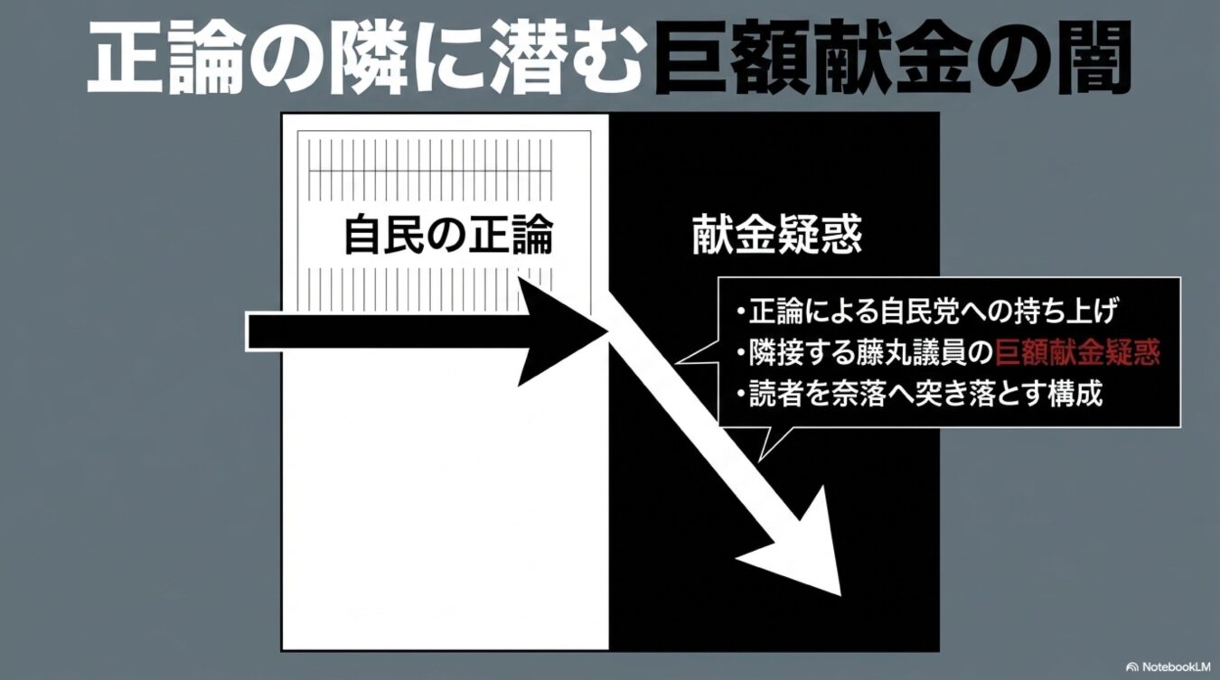 正論による自民党の持ち上げと隣接する藤丸議員の巨額献金疑惑を対比させ、読者を奈落へ突き落とすような構成を指摘する図解。