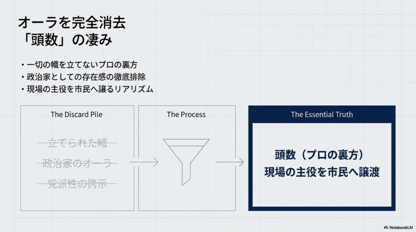 政治家が自身のオーラや党派性を排し、プロの裏方として現場の主役を市民へ譲るという頭数の重要性を説く概念図。