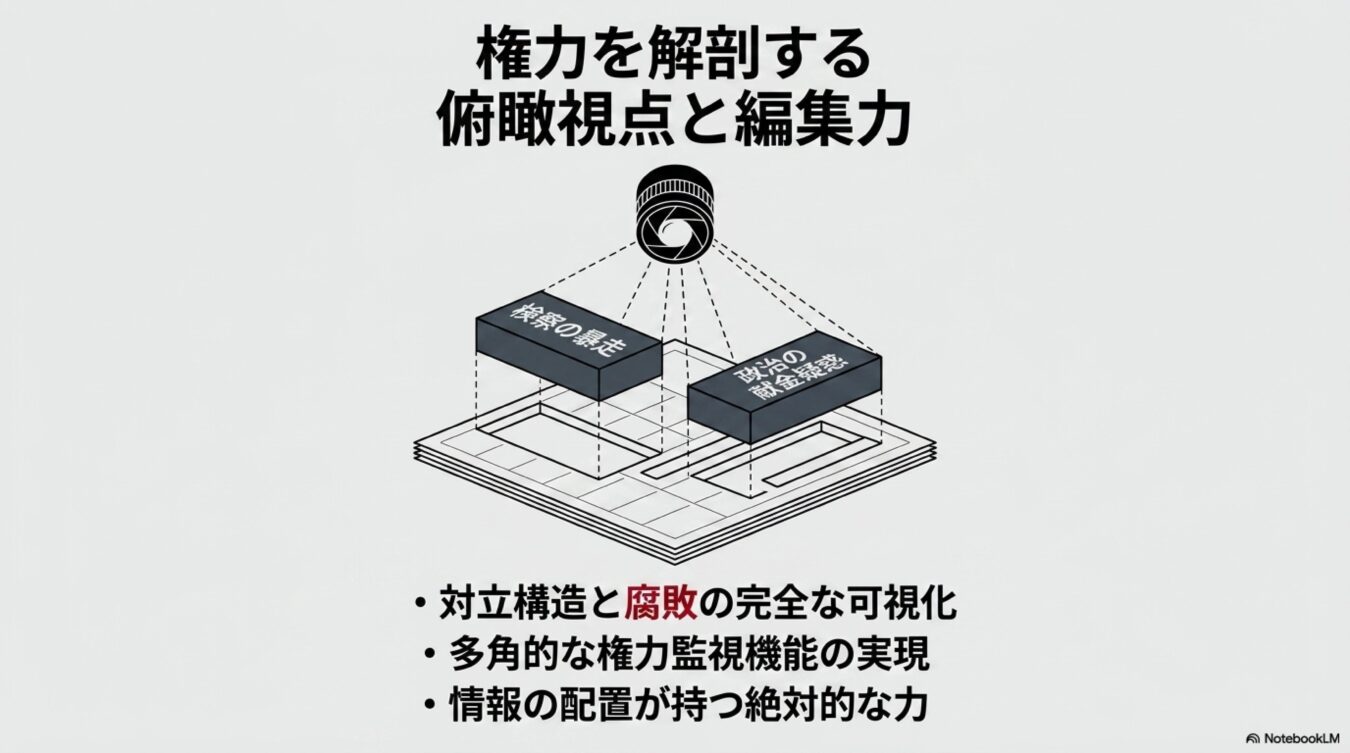権力を解剖する俯瞰視点と編集力という題目の図。カメラで検察の暴走と政治の献金疑惑を捉え、情報の配置が持つ権力監視の重要性を視覚的に解説している。
