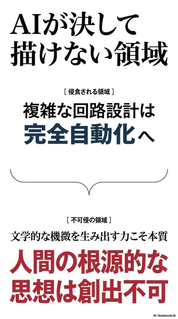 AIが自動化できる領域と、人間が担うべき領域についての対比を記したテキスト画像。