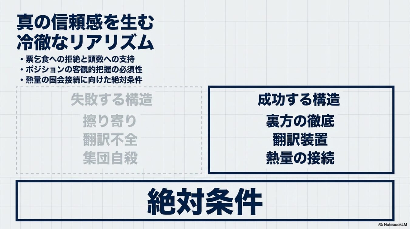 真の信頼感を生むための冷徹なリアリズムと、成功する構造、失敗する構造の違い、および絶対条件を提示した図解。