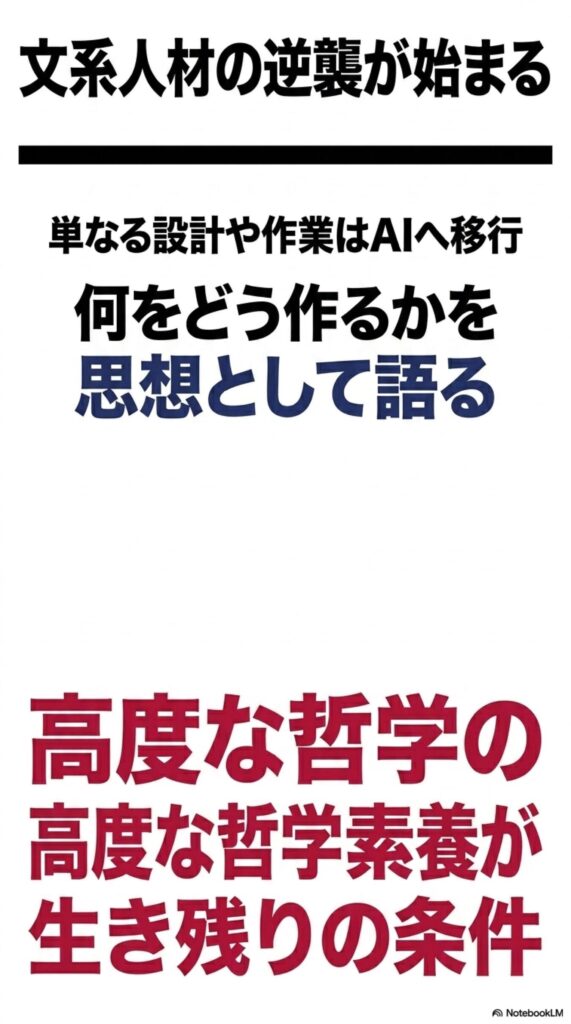 「文系人材の逆襲が始まる」という見出しの下に、「単なる設計や作業はAIへ移行」「何をどう作るかを思想として語る」「高度な哲学の高度な哲学素養が生き残りの条件」と記されたテキスト画像。
