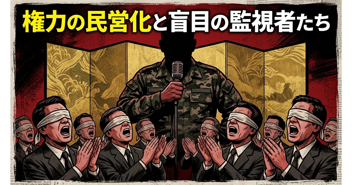 金屏風を背に演説する軍服姿の人物と、その前で目を布で覆いながら拍手をするスーツ姿の集団を描いた、風刺画風のイラスト。