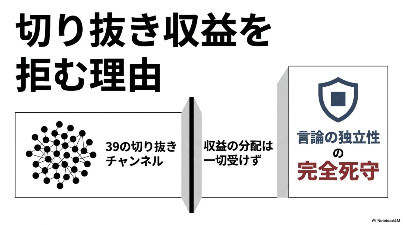 切り抜き収益を拒む理由は、39の切り抜きチャンネルからの収益分配を一切受け取らず、言論の独立性を完全に守るためである。
