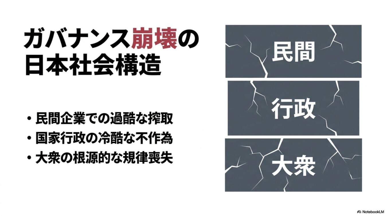 「ガバナンス崩壊の日本社会構造」という題目の下に、民間企業、国家行政、大衆の抱える課題と、それらがひび割れた状態で積み重なる様子が示されたインフォグラフィック。