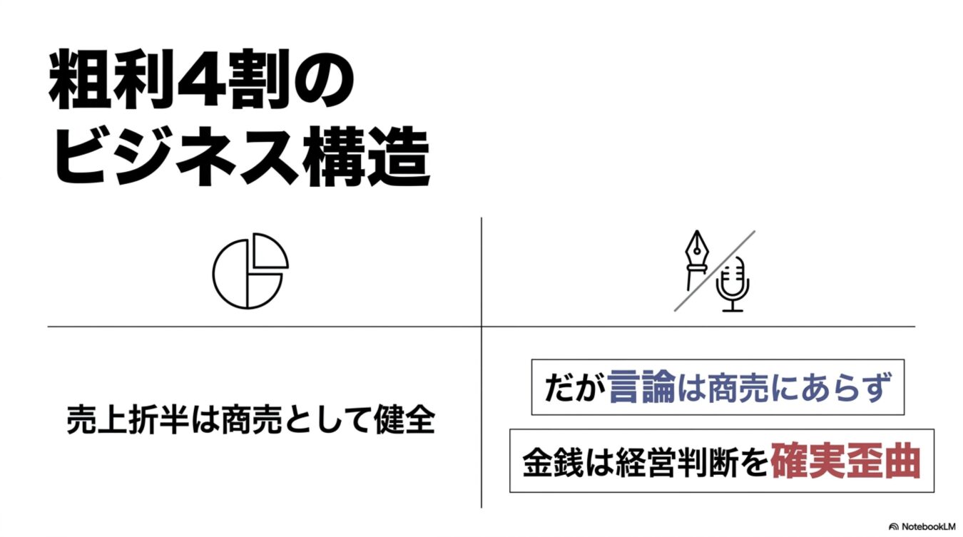 粗利4割のビジネス構造をテーマに、売上折半は健全な商売である一方、言論を商売に組み込むと金銭が経営判断を歪曲させるという対比構造を示す図。