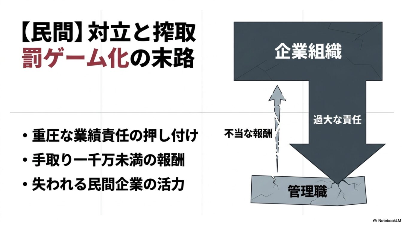「企業組織」から管理職へ「過大な責任」という重圧がのしかかり、管理職が「不当な報酬」によって疲弊し組織の活力を失うという負の構図と、「対立と搾取 罰ゲーム化の末路」という見出しを示した図解。
