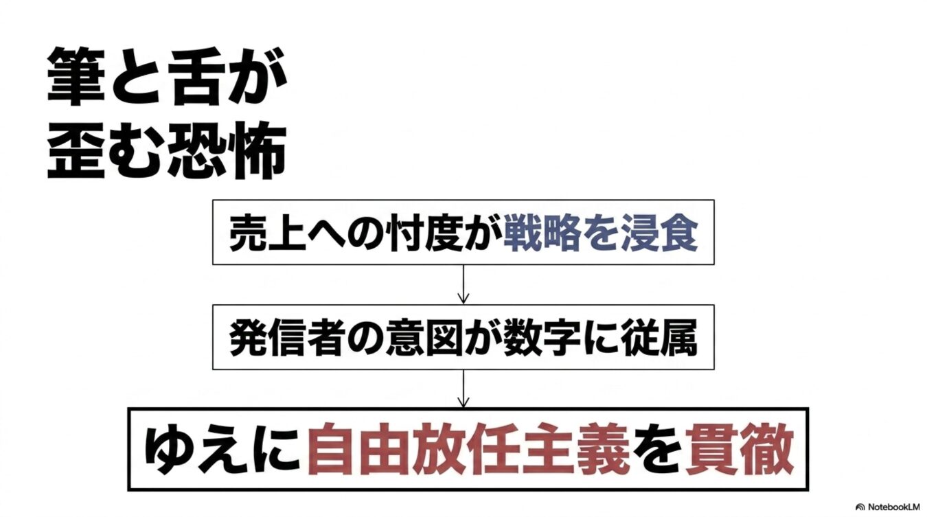 筆と舌が歪む恐怖と題し、売上への忖度が戦略を歪め、発信者の意図が数字に従属し、結果として自由放任主義を貫くに至る負の連鎖を示す図解。
