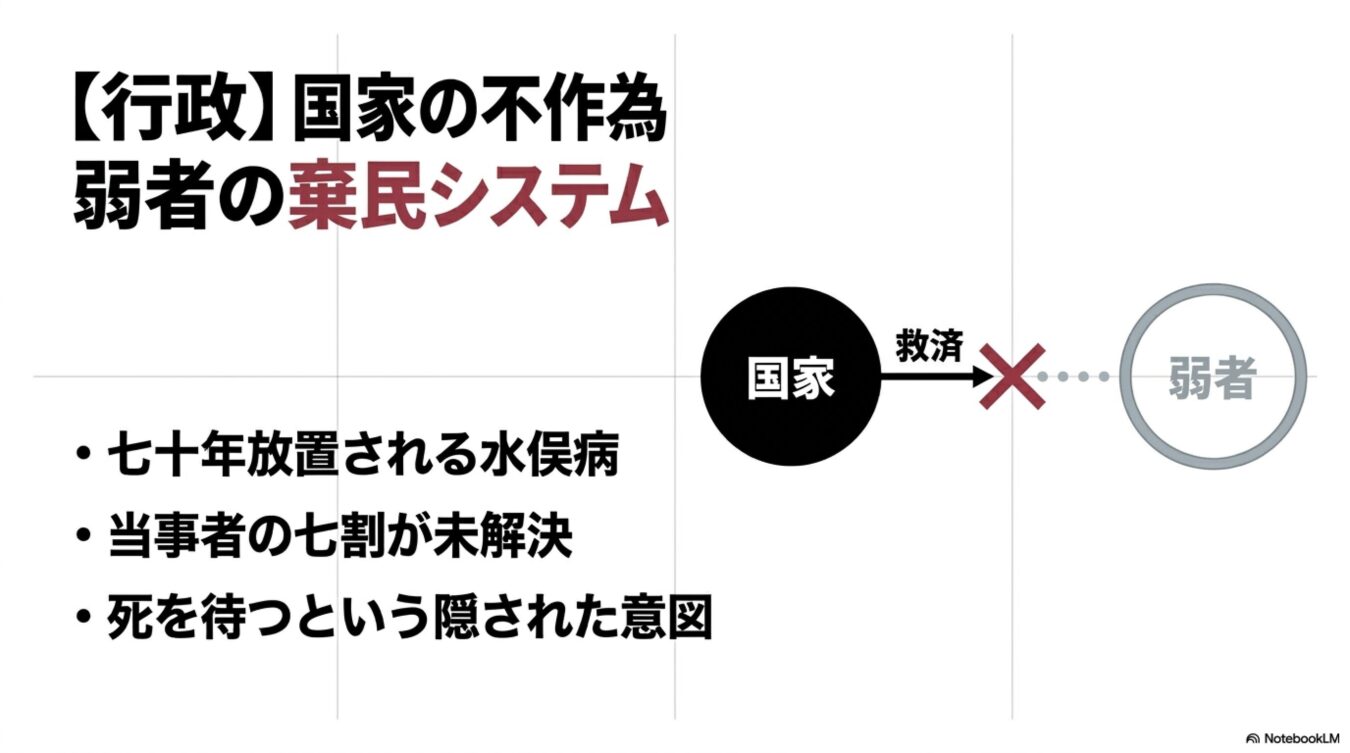 「国家の不作為」による弱者の救済が遮断されている様子と、水俣病の問題が70年放置され7割の当事者が未解決のままである現状への批判を示す図。