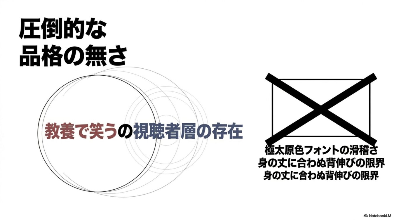 圧倒的な品格の無さと教養で笑う視聴者層の存在を提示し、極太原色フォントの滑稽さや身の丈に合わぬ背伸びを否定する図解。