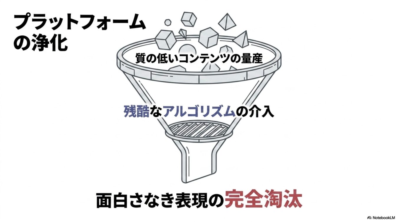 質の低いコンテンツが漏斗状のアルゴリズムを通過することで、面白さのない表現が排除され、プラットフォームが浄化される過程を示す図解。