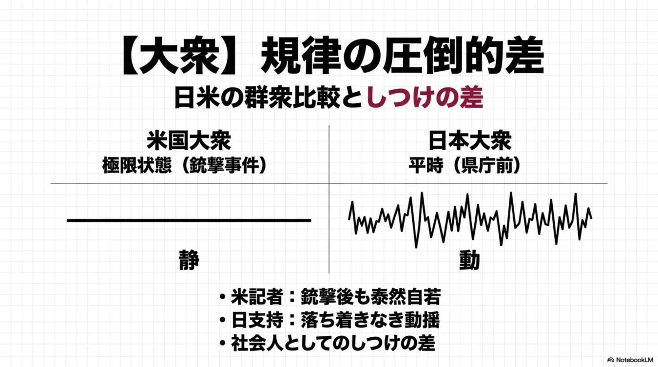 「米国大衆（極限状態）」と「日本大衆（平時）」の規律や行動の差を対比させ、米国側を「静」、日本側を「動」の波形で示し、比較と考察を記した図解。