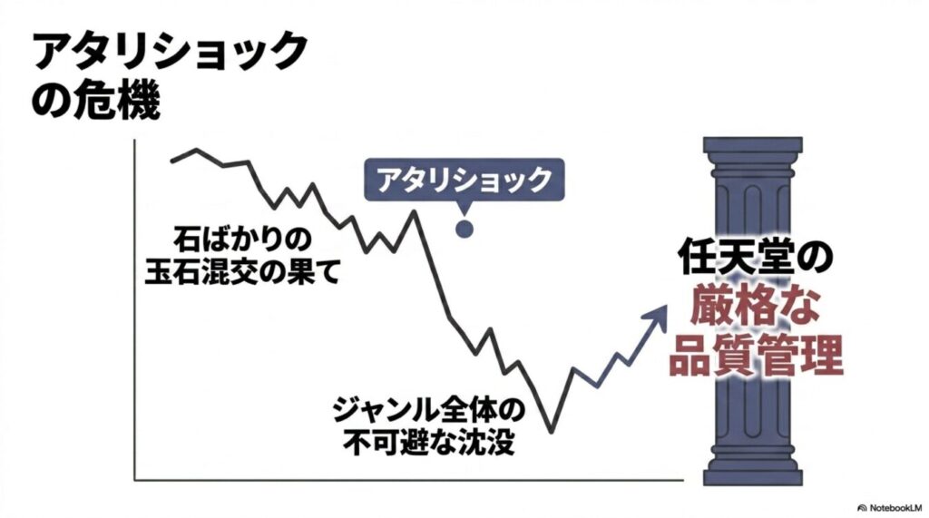 アタリショックによる市場の沈没から、任天堂の厳格な品質管理を経て再び成長へと転じる様子を示した折れ線グラフ。
