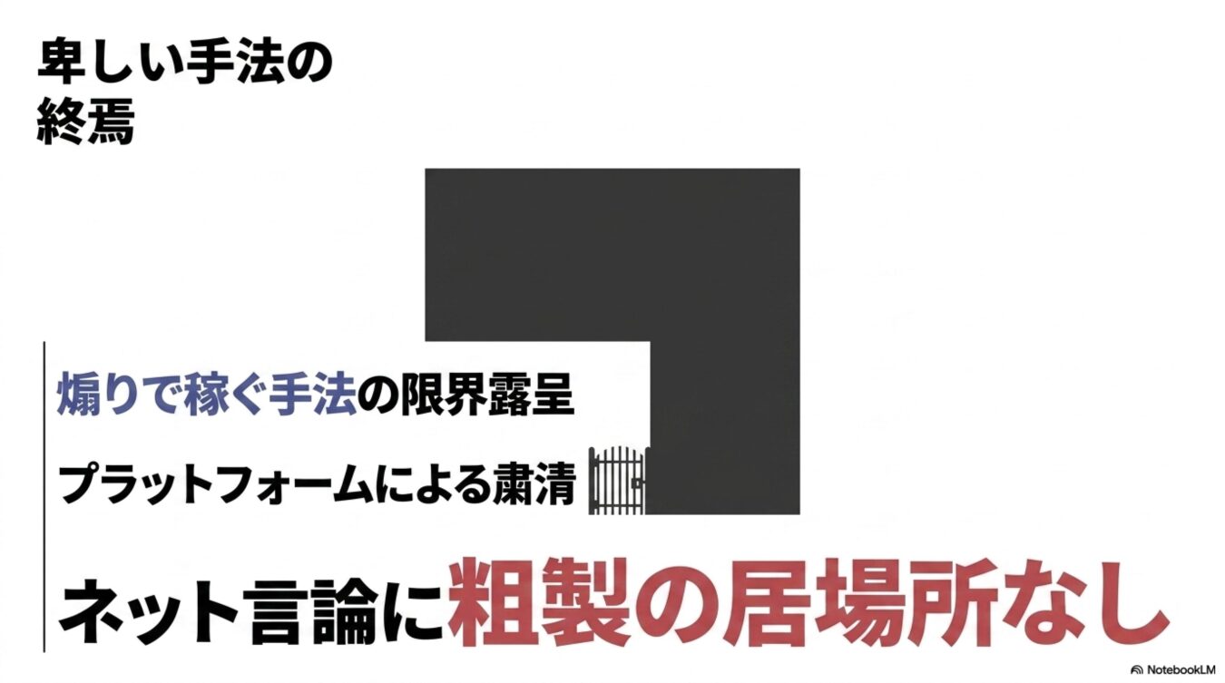 卑しい手法の終焉、煽りで稼ぐ手法の限界露呈、プラットフォームによる粛清により、ネット言論から粗製が排除される状況。