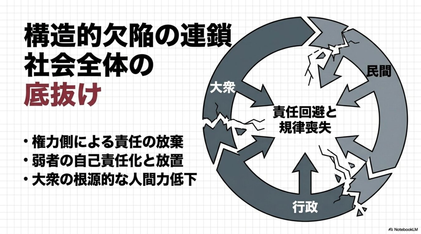 「構造的欠陥の連鎖　社会全体の底抜け」という見出しと3つの項目、および円環状の図の中で「責任回避と規律喪失」を核として大衆・民間・行政が相互に悪影響を及ぼし合う様子が描かれた図解。