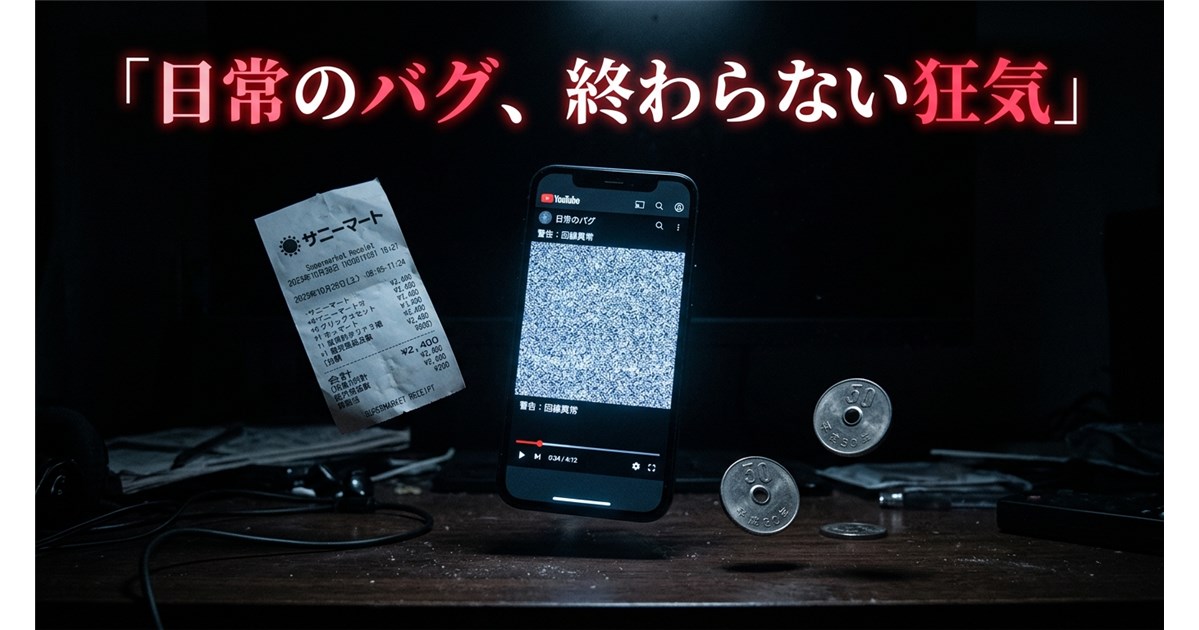 暗い部屋で、浮遊するスマートフォン、日本のスーパーのレシート、および2枚の50円硬貨が並び、画面には「日常のバグ、終わらない狂気」というタイトルとともに砂嵐が表示されている様子。