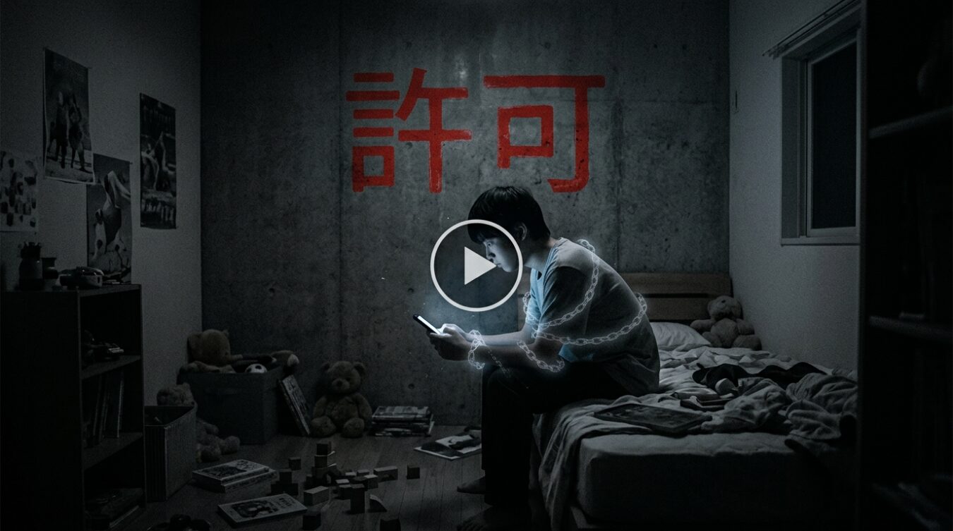 薄暗い子供部屋で、スマートフォンの画面（動画再生マーク）に青白く照らされる無表情の人物。その周囲には見えない鎖が巻き付き、背景には「許可」と書かれた分厚い壁が立ちはだかっている、冷笑と隷従を象徴するシニカルな構図。