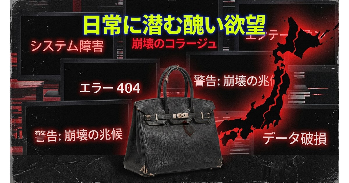 モニターに囲まれた背景を中央に、所々傷ついた黒い高級バッグと亀裂の入った日本地図が配置され、「日常に潜む醜い欲望」などの不穏な警告文が赤く重ねられたグラフィック。