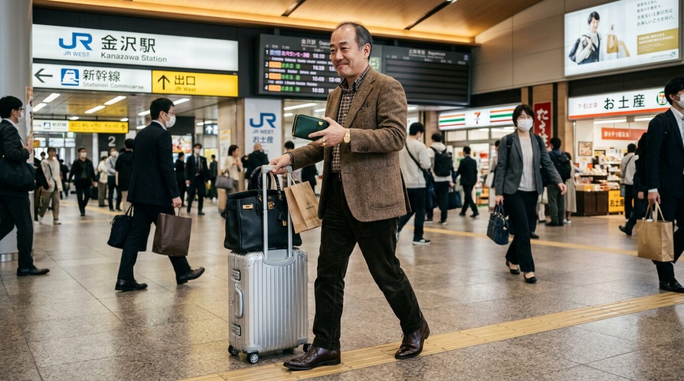 金沢駅の構内を、スーツケースとバッグを持って歩く中年の男性を中心に、行き交う人々が写る日常的な光景。