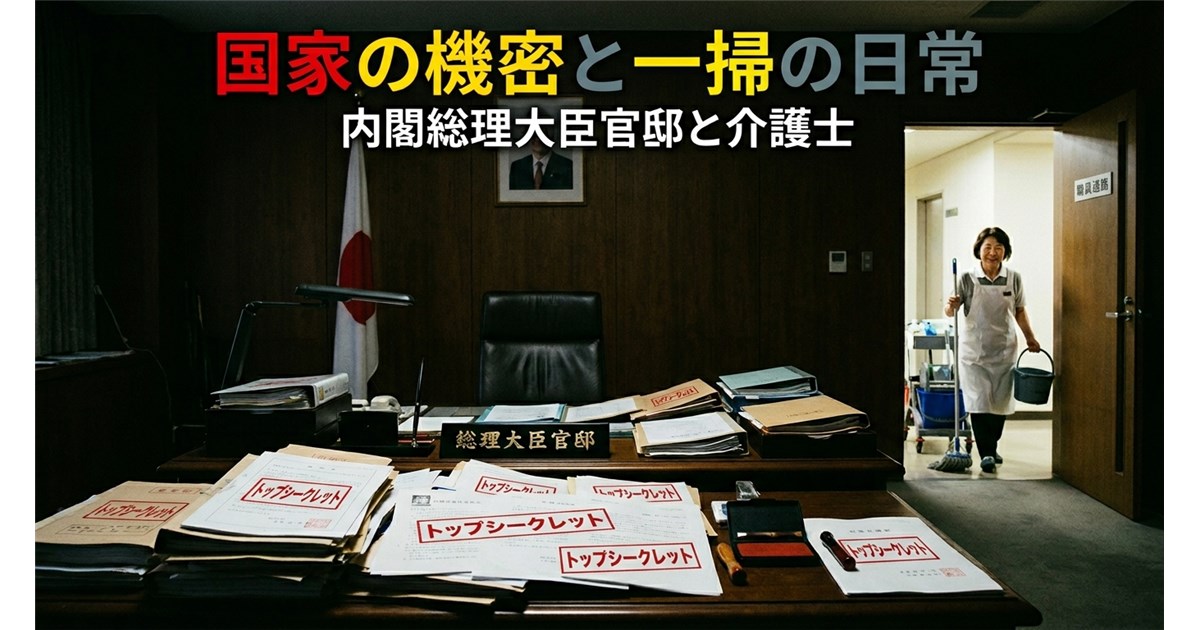 薄暗い重厚な「総理執務室」のデスクに「TOP SECRET」と書かれた赤いスタンプの書類が散乱している中、背景のドアからエプロン姿の民間介護士がモップを持って無邪気に入ってくる様子を描いた、セキュリティの落差を皮肉るシニカルな構図。