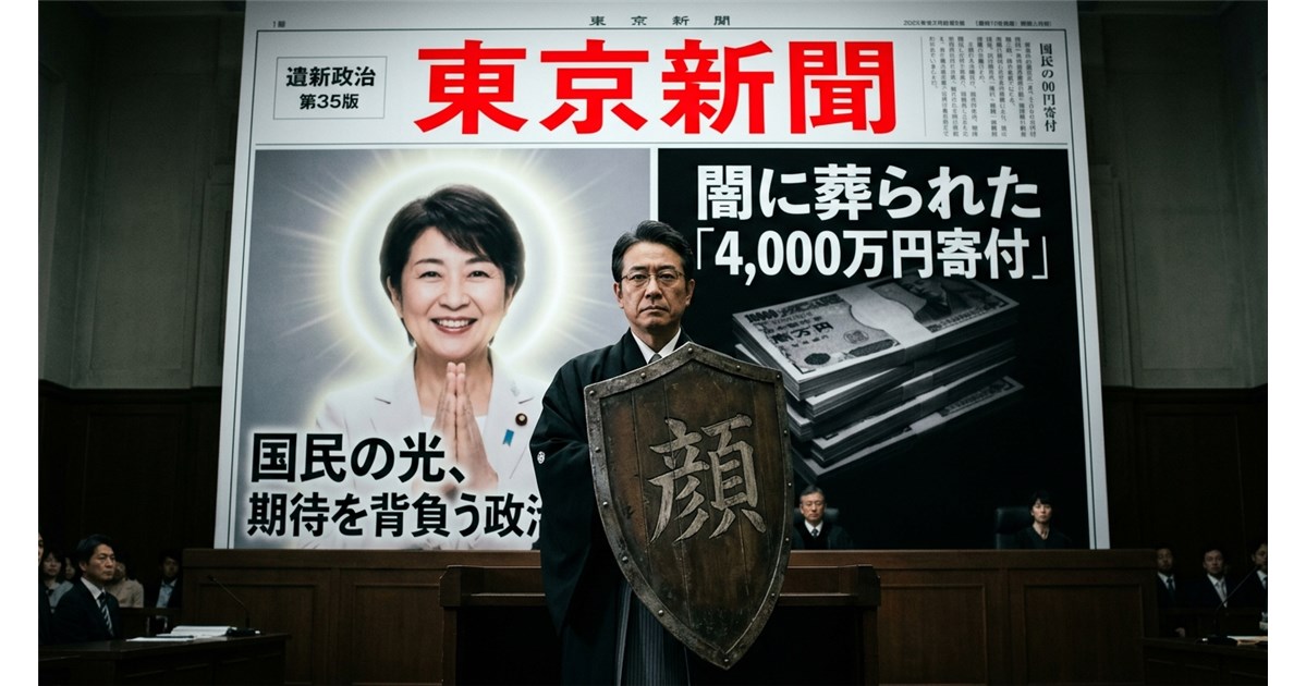 重厚な裁判所の法廷、その中央で「面子」と書かれた古びた盾にしがみつく検察官。その後ろで、東京新聞の一面（片方には稲田朋美のヒロイックな後光、もう片方には「4000万円献金」のドス黒い札束）がブラックジョークのように巨大なポスターとして貼り出されている、シニカルで演劇的な構図。