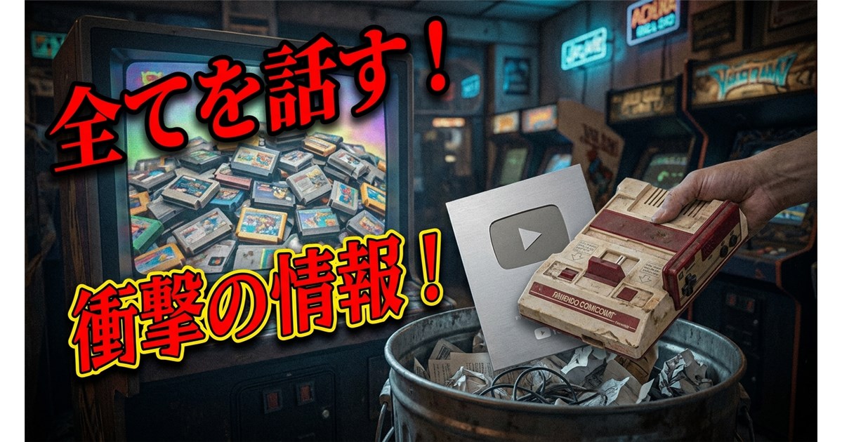 薄暗いゲームセンターのような空間。画面に「全部言うわ！」「とんでもない情報！」と極太の赤と黄色のフォントで書かれた大量の安っぽいカセット（クソゲー）が山積みにされ、その横で任天堂の古いゲーム機とYouTubeの再生ボタンが一緒にゴミ箱に捨てられそうになっている、プラットフォームの沈没を暗示するシニカルな構図。