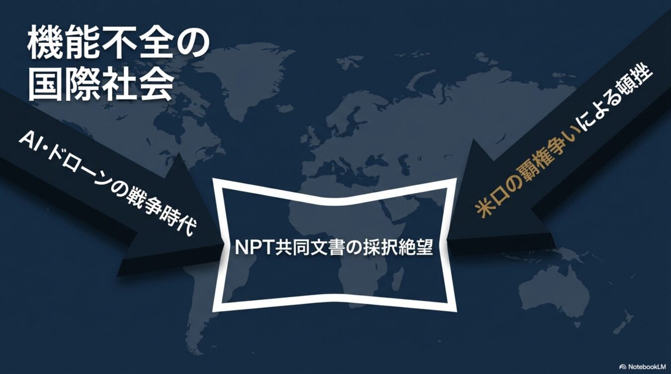 機能不全の国際社会における、AIやドローンによる戦争時代と米中覇権争いによるNPT共同文書採択の絶望を背景にした解説図。