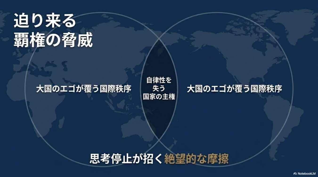 迫り来る覇権の脅威を主題に、大国のエゴによる国際秩序の圧迫と自律性を失う国家の主権、思考停止が招く摩擦をベン図で示した解説図。