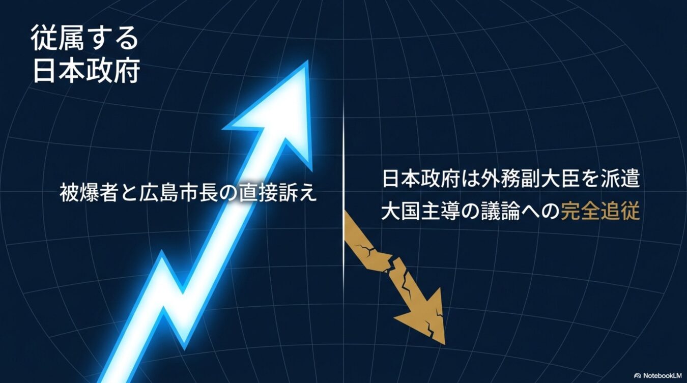 被爆者や広島市長の訴えと、大国主導の議論に追従する日本政府の対照的な姿勢を、上向きとひび割れた下向きの矢印で表現した図。