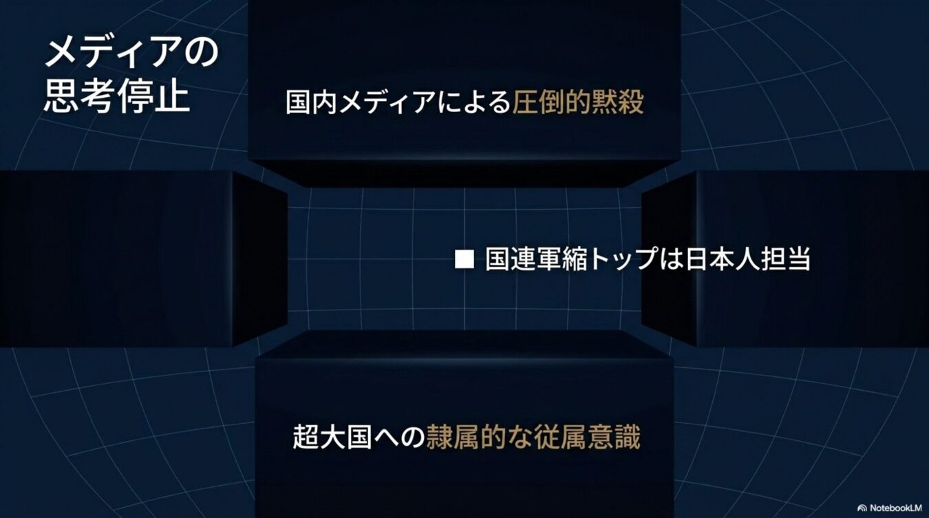 メディアの思考停止をテーマに、国内メディアによる黙殺、国連軍縮トップの日本人担当、超大国への従属意識という三つの論点を提示した図解。