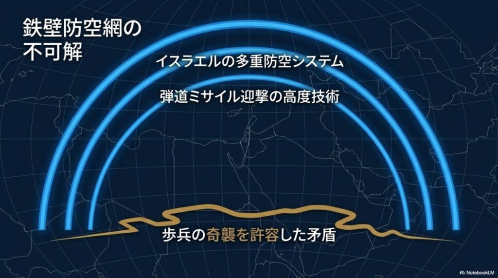 イスラエルの多重防空システムによる高度な弾道ミサイル迎撃能力と、対照的に歩兵の奇襲を許した矛盾を解説する図解。
