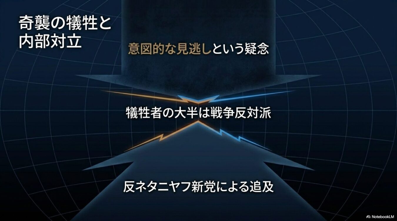 奇襲の犠牲と内部対立をテーマに、意図的な見逃しという疑念、戦争反対派の犠牲、反ネタニヤフ新党による追及という3つの論点を図解したもの。