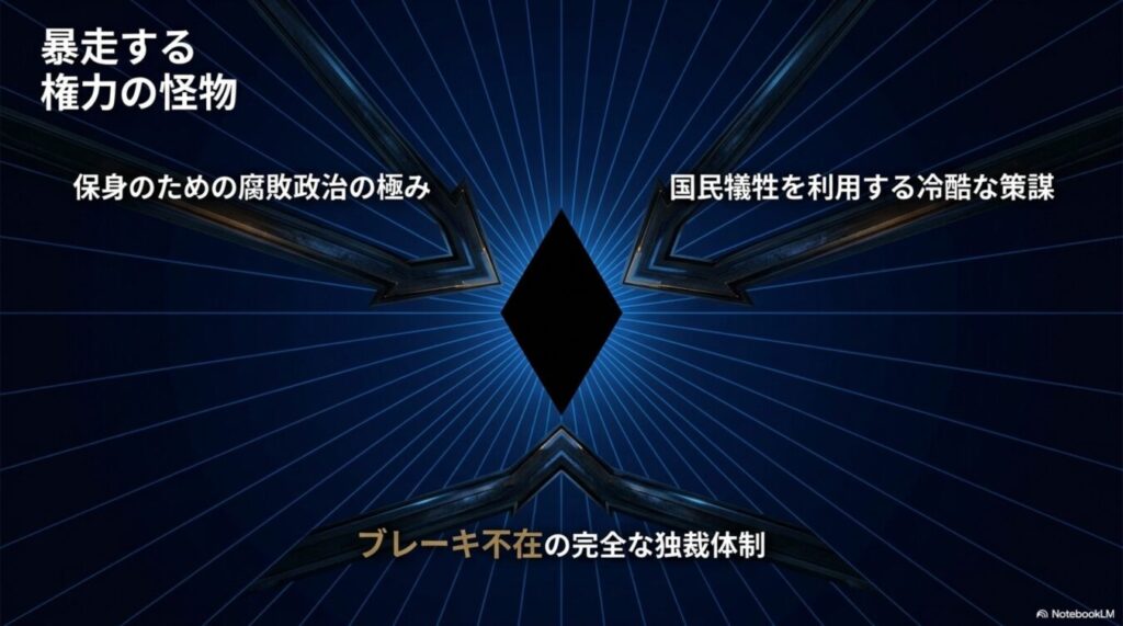 暴走する権力の怪物を題材に、保身のための腐敗政治、国民犠牲を厭わない冷酷な策謀、ブレーキなき独裁体制を批判的に表現した図解。