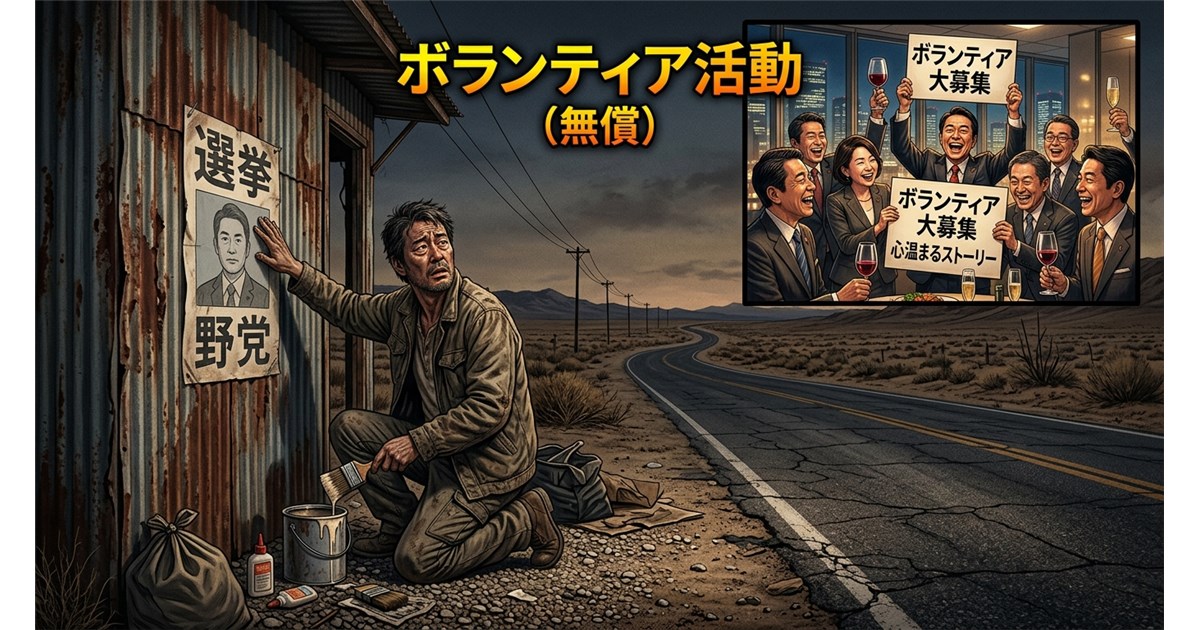 Prompt: A highly detailed and cynical illustration of an exhausted middle-aged man putting up a political election poster on a rusted wall in an extremely desolate, endless desert road reminiscent of the movie "Bagdad Cafe". In the background, wealthy politicians in a Tokyo office are cheering and drinking wine, holding signs that say "Free Volunteer". Dramatic lighting, political satire style, cinematic shot, hyper-realistic. --ar 16:9 意図: 「ミドル・オブ・ノーウェア」で経費も出されずに酷使される末端の選挙運動員と、それを「ボランティアの美談」として搾取する中央の非情さをシニカルに対比させます。