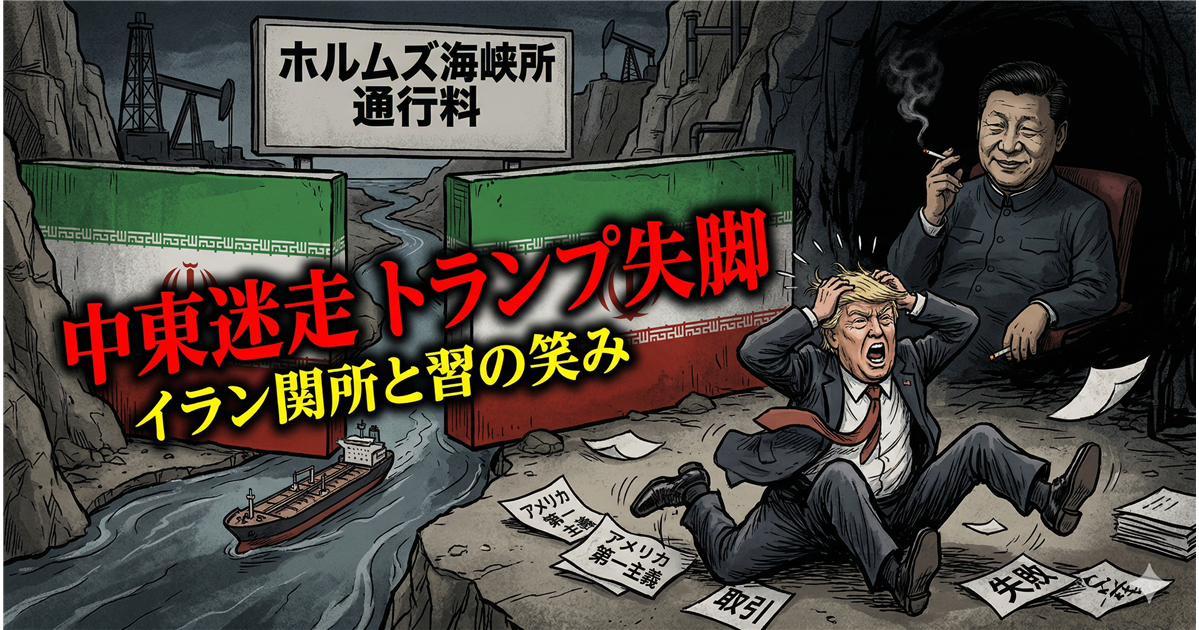 ホルムズ海峡に設置されたイランの関所で混乱するトランプ前大統領と、それを暗い場所で冷笑しながら見守る習近平国家主席を描いた風刺画。