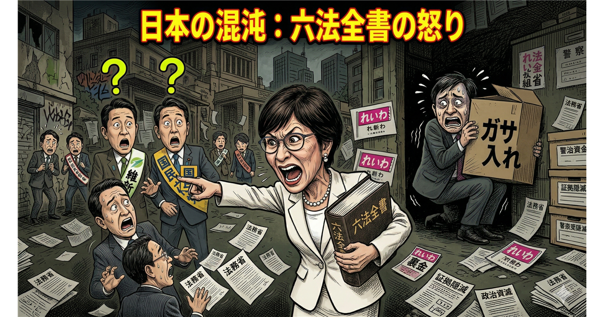 怒りの表情で六法全書を掲げながら指をさす女性を中心に、周囲の政治家たちが動揺し、警察によるガサ入れが行われている混沌とした日本の政治状況を描いた風刺画。