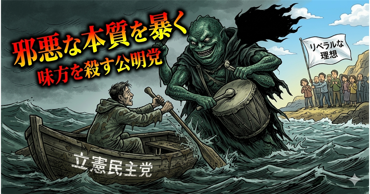 荒れた海で「立憲民主党」と書かれた小舟を漕ぐ人物の背後で、怪物が太鼓を叩いて脅かす様子を描いた政治風刺画。