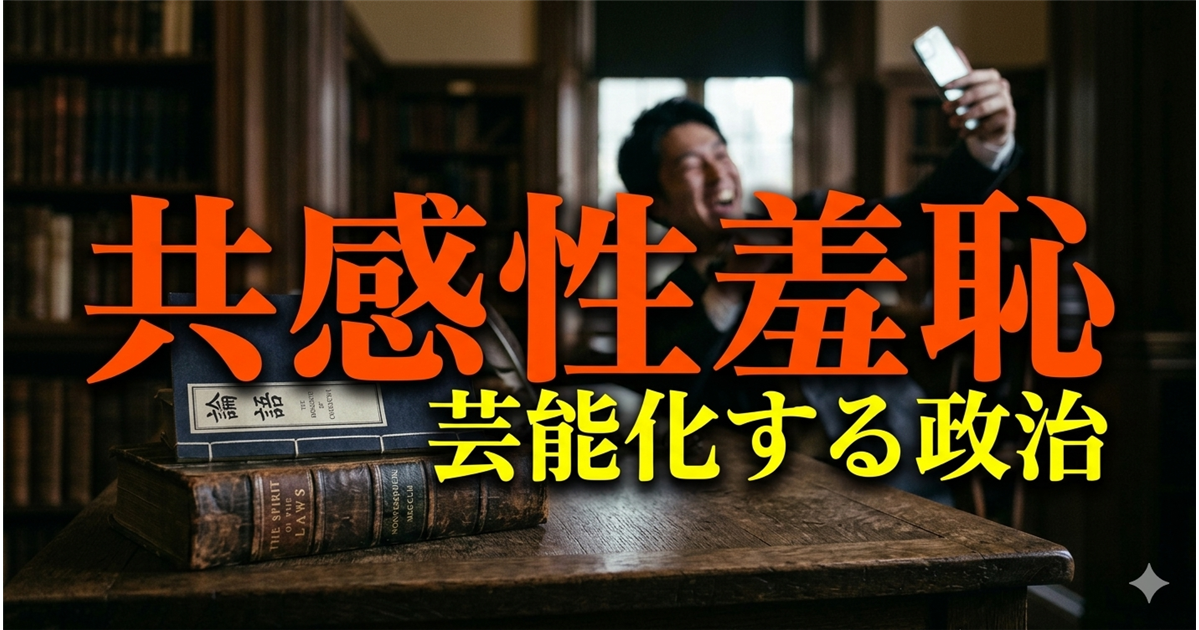 重厚な書斎の机に論語や法の精神などの古書が置かれ、その後方でスマートフォンを掲げて自撮りをする斎藤元彦と、「共感性羞恥 芸能化する政治」という大きな文字が重なっている様子。