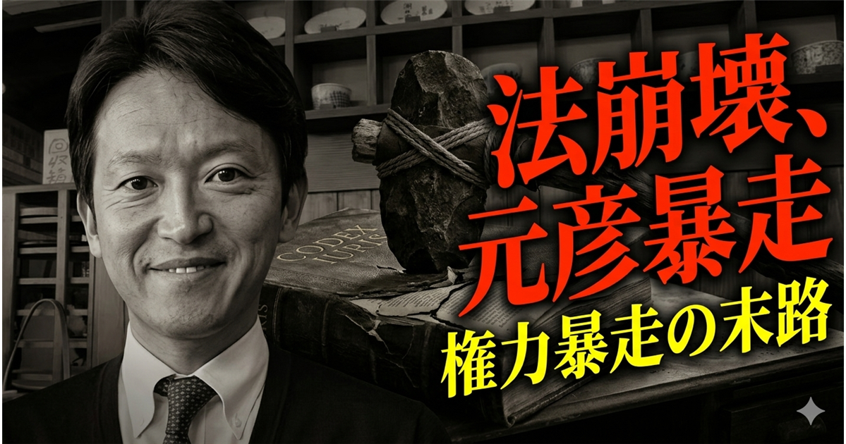 スーツを着た男性の笑顔を背景に、石のハンマーが載った古い書物と、「法崩壊、元彦暴走 権力暴走の末路」という文字が大きく配置されたサムネイル画像。