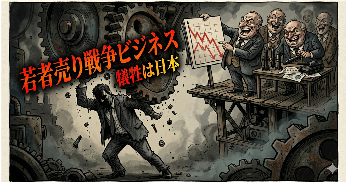巨大な歯車を支えて苦しむ人物と、その傍らでグラフを指さし笑うスーツ姿の集団、および「若者売り戦争ビジネス 犠牲は日本」という文字が描かれた風刺画。