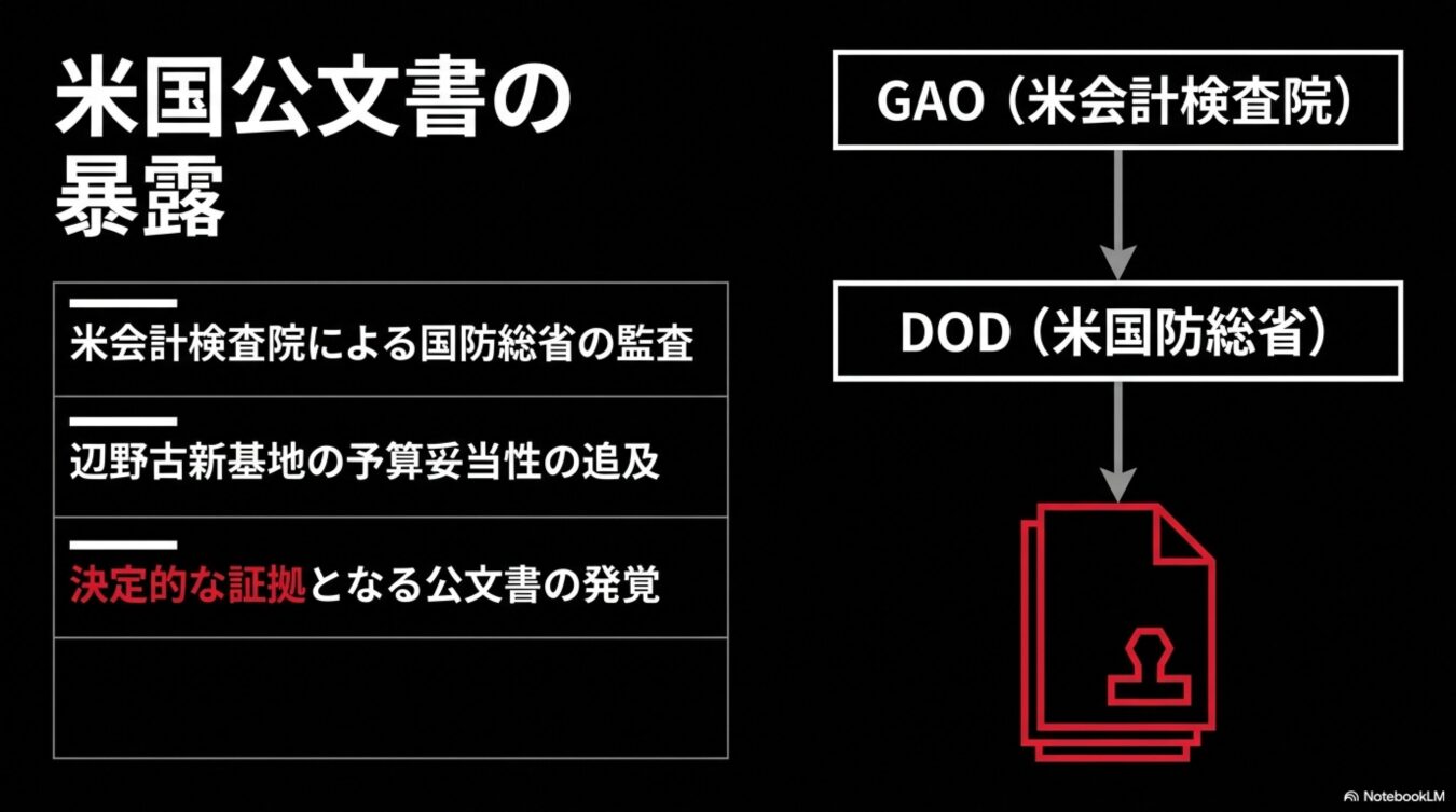 米会計検査院（GAO）による国防総省（DOD）の監査と、辺野古新基地の予算妥当性を巡る公文書の発見について解説する図解。